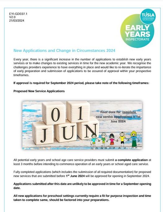 Notice from Tusla Early Years Inspectorate – New Applications and Change in Circumstances 2024